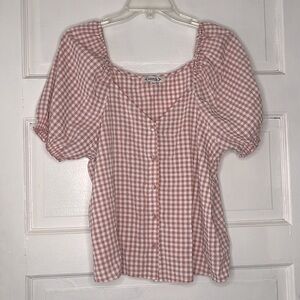Nanette by Nanette Lepore Pink & White Checked Button Up Puff Sleeve Top XL